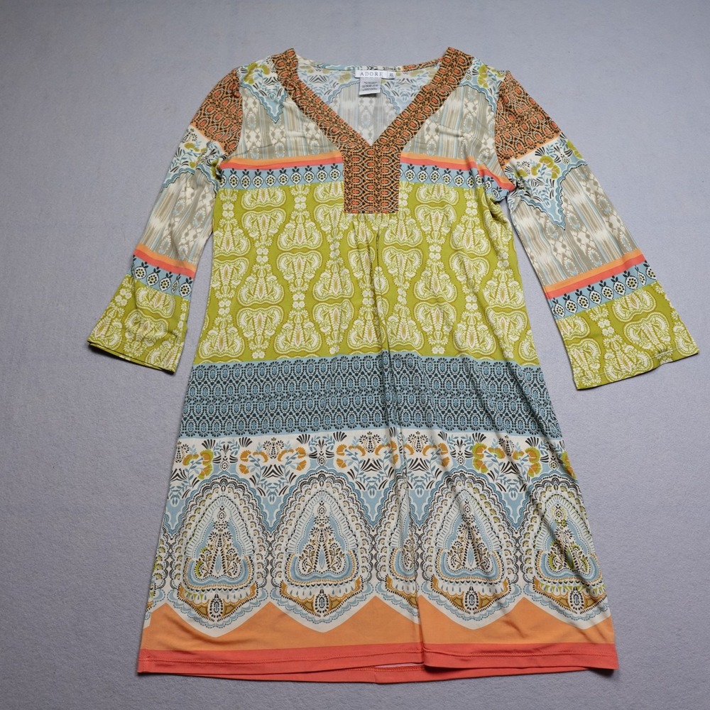 Adore A-Line Dress Women XL Multicolor Floral Bell Sleeve V-Neck Jersey Knee